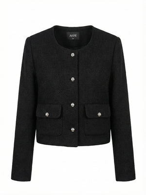 Dokulu Bisiklet  Yaka Düğme Detaylı Ceket Siyah