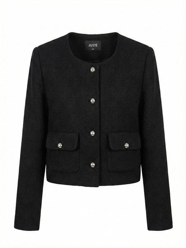 Dokulu Bisiklet  Yaka Düğme Detaylı Ceket Siyah