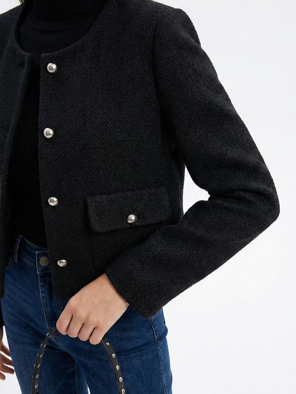 Dokulu Bisiklet  Yaka Düğme Detaylı Ceket Siyah