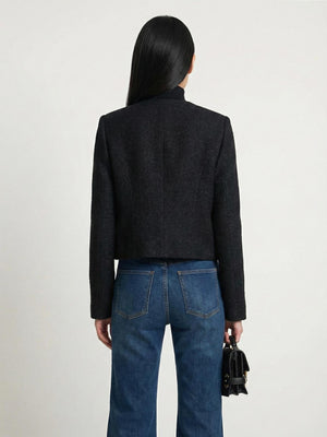 Dokulu Bisiklet  Yaka Düğme Detaylı Ceket Siyah