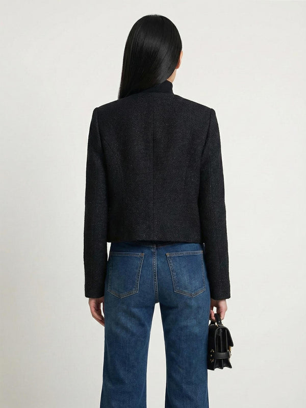 Dokulu Bisiklet  Yaka Düğme Detaylı Ceket Siyah