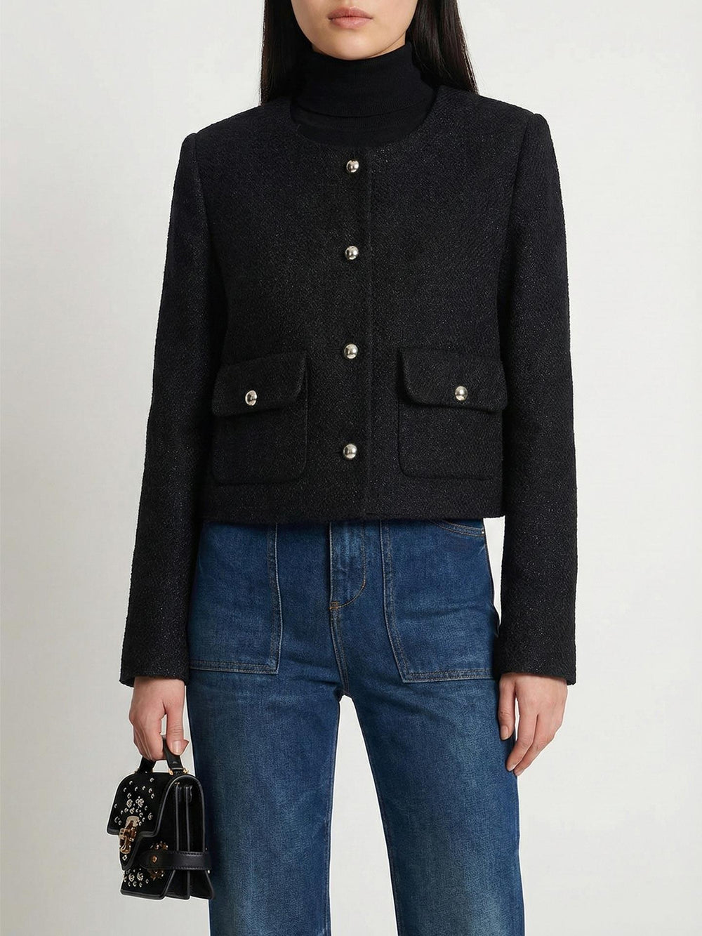 Dokulu Bisiklet  Yaka Düğme Detaylı Ceket Siyah