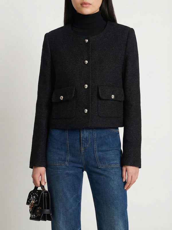 Dokulu Bisiklet  Yaka Düğme Detaylı Ceket Siyah