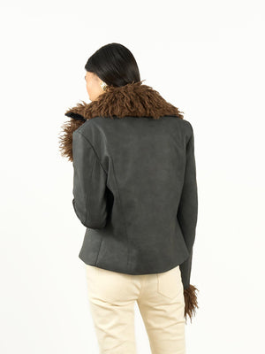 Kürk Yaka Kısa Ceket Gri