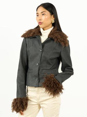 Kürk Yaka Kısa Ceket Gri