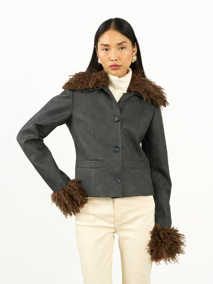 Kürk Yaka Kısa Ceket Gri