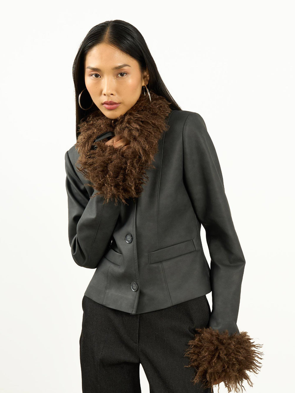 Kürk Yaka Kısa Ceket Gri