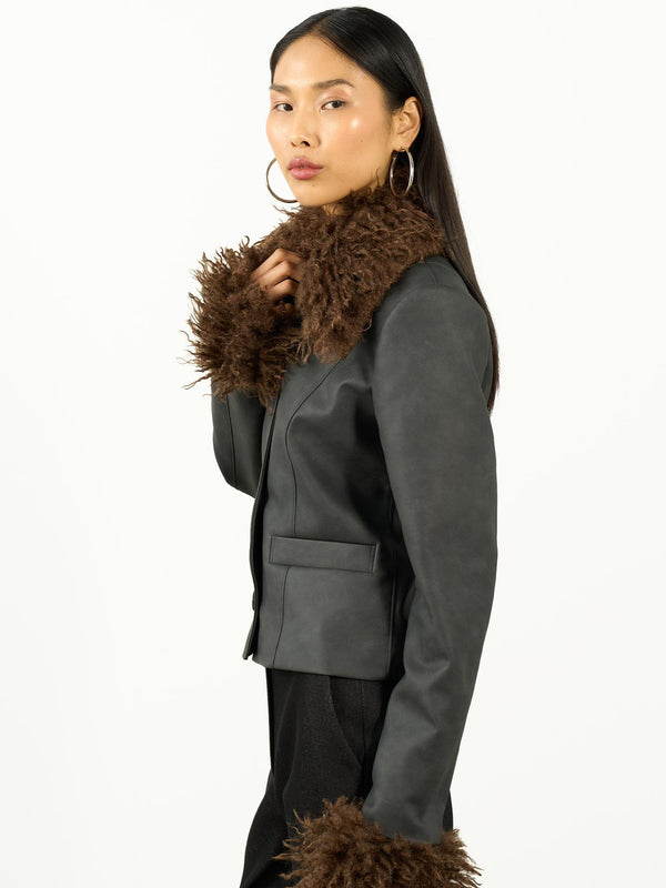 Kürk Yaka Kısa Ceket Gri