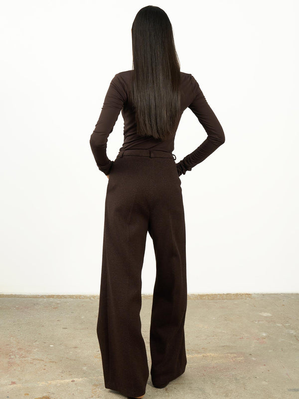 Dokulu Pileli Palazzo Pantolon Kahverengi