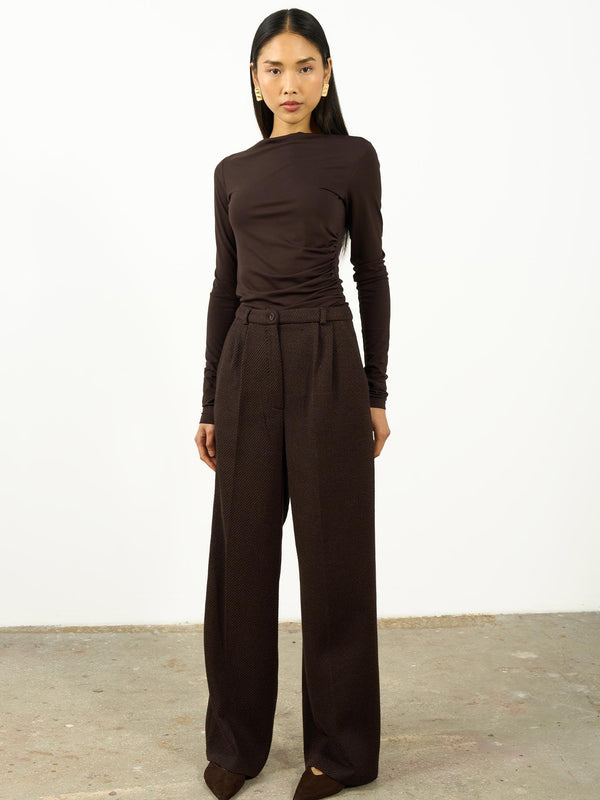 Dokulu Pileli Palazzo Pantolon Kahverengi