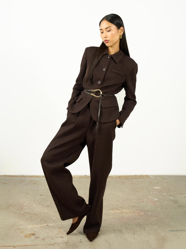 Dokulu Pileli Palazzo Pantolon Kahverengi