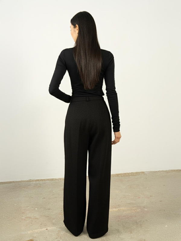 Dokulu Pileli Palazzo Pantolon Siyah