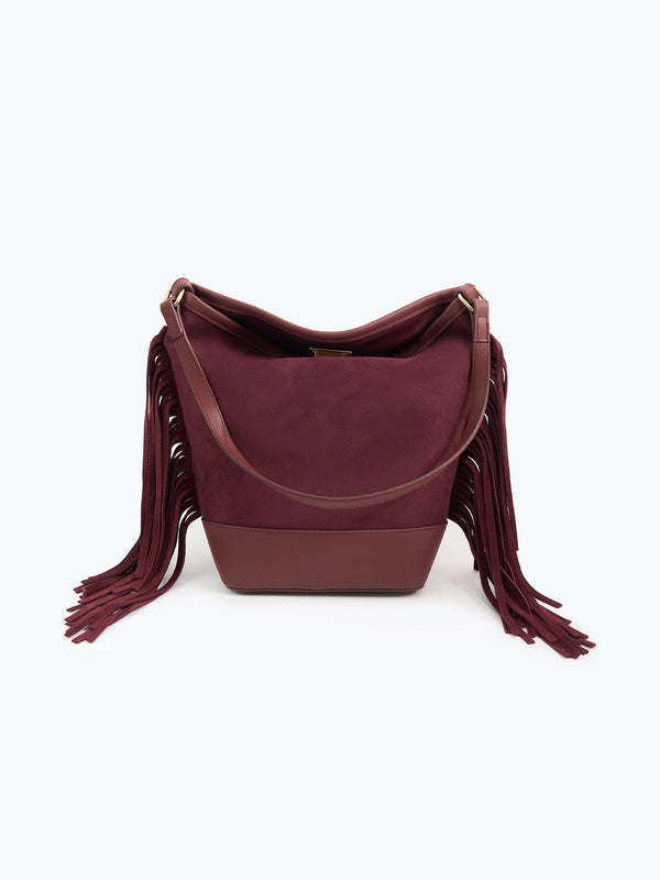 Süet Püsküllü Omuz Çantası Bordo