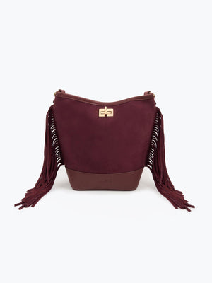 Süet Püsküllü Omuz Çantası Bordo