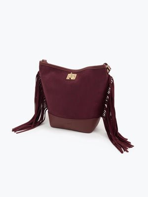 Süet Püsküllü Omuz Çantası Bordo
