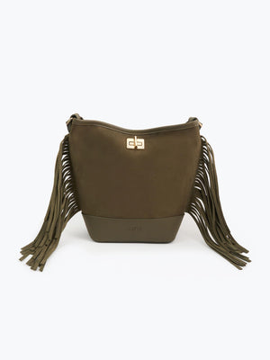 Süet Püsküllü Omuz Çantası Hakİ