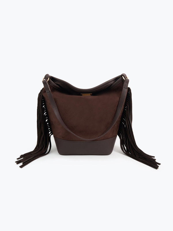 Süet Püsküllü Omuz Çantası Kahverengi