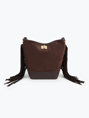 Süet Püsküllü Omuz Çantası Kahverengi