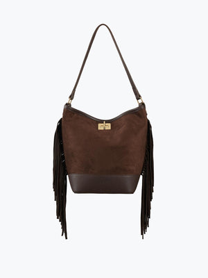 Süet Püsküllü Omuz Çantası Kahverengi