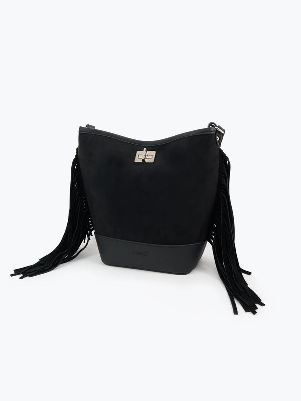 Süet Püsküllü Omuz Çantası Siyah