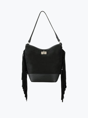 Süet Püsküllü Omuz Çantası Siyah