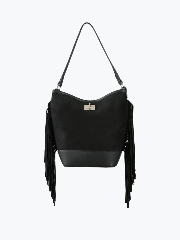Süet Püsküllü Omuz Çantası Siyah