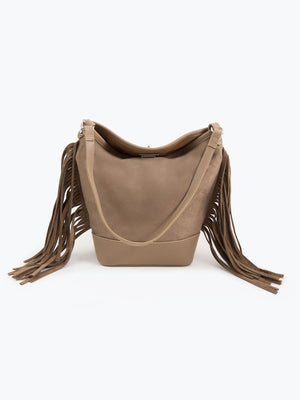 Süet Püsküllü Omuz Çantası Vizon