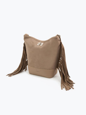 Süet Püsküllü Omuz Çantası Vizon