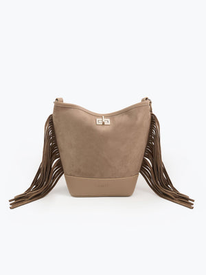 Süet Püsküllü Omuz Çantası Vizon