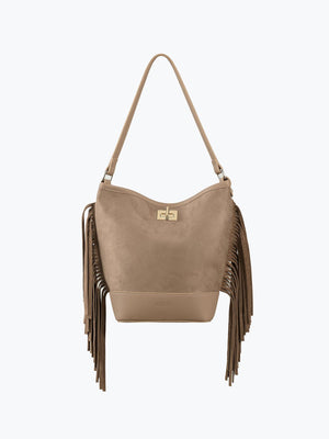 Süet Püsküllü Omuz Çantası Vizon