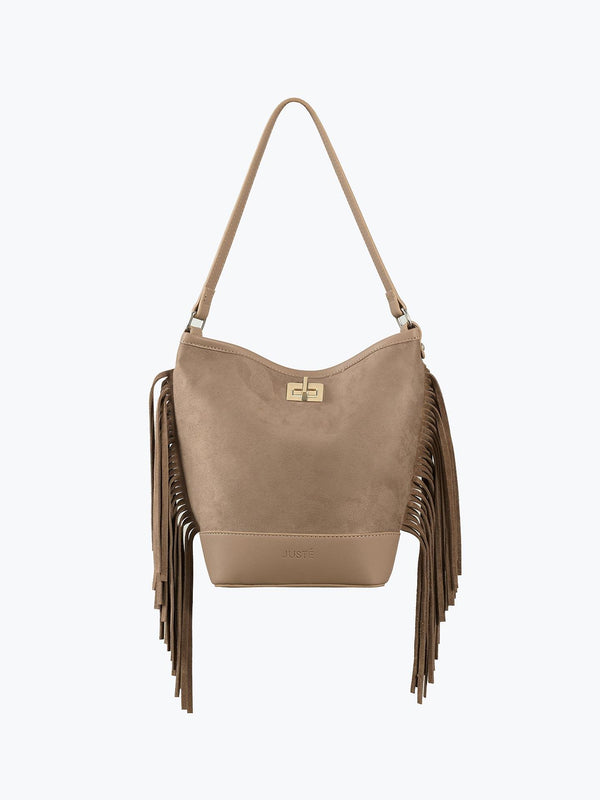 Süet Püsküllü Omuz Çantası Vizon