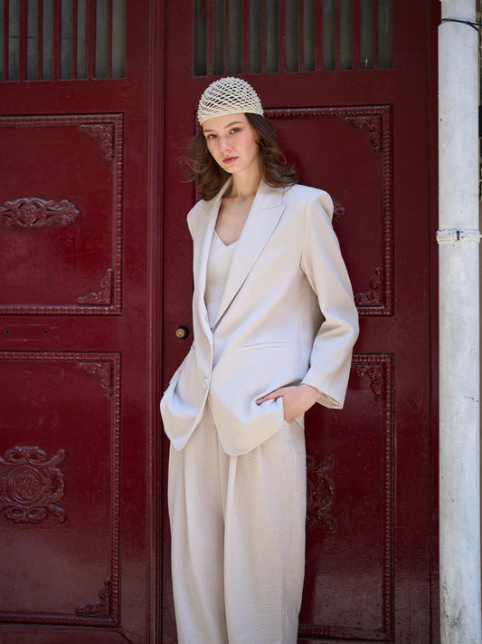 Dokulu Tensel Blazer Ceket Bej