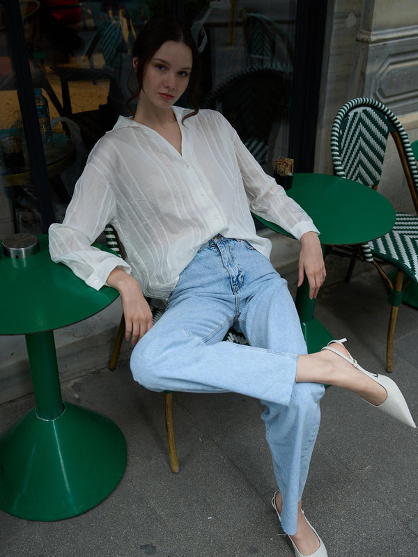 Wide Leg Dikişsiz Paça Jeans Mavi