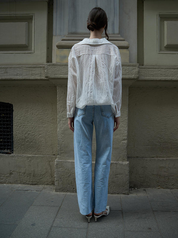 Wide Leg Dikişsiz Paça Jeans Mavi
