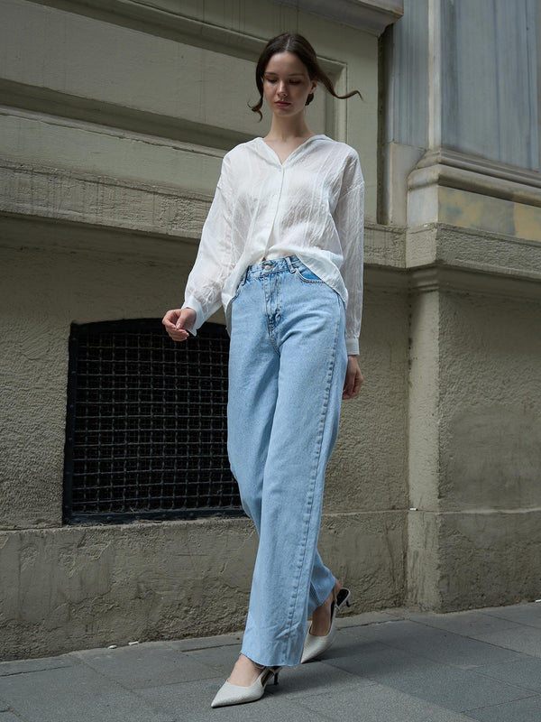 Wide Leg Dikişsiz Paça Jeans Mavi