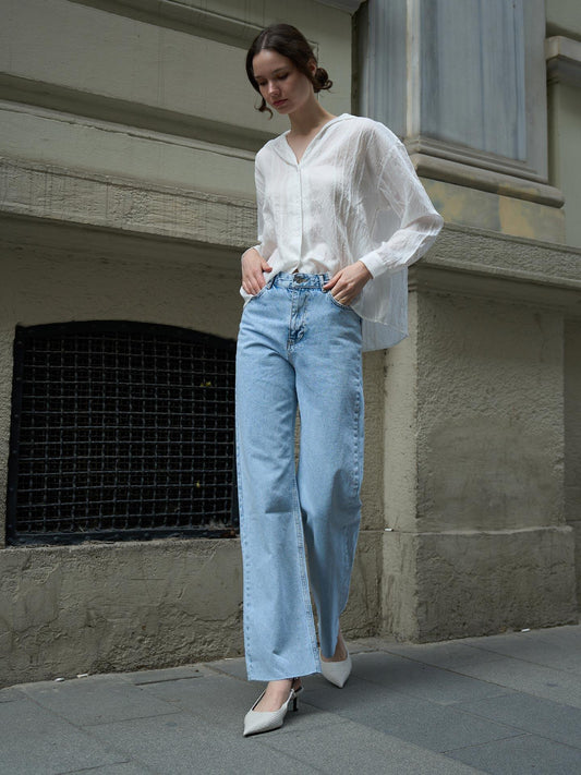 Wide Leg Dikişsiz Paça Jeans Mavi
