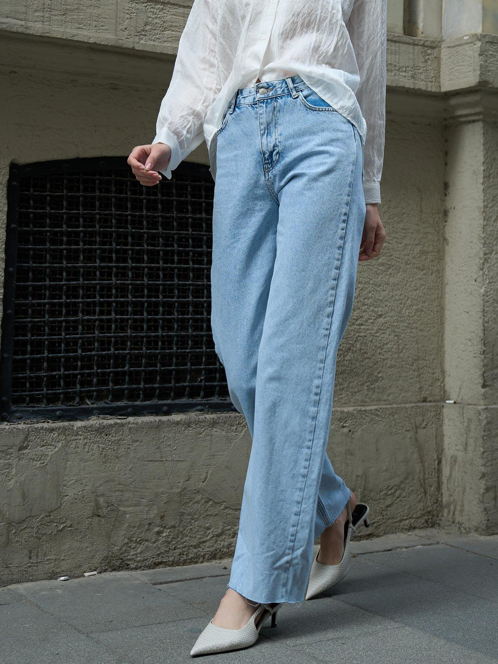 Wide Leg Dikişsiz Paça Jeans Mavi