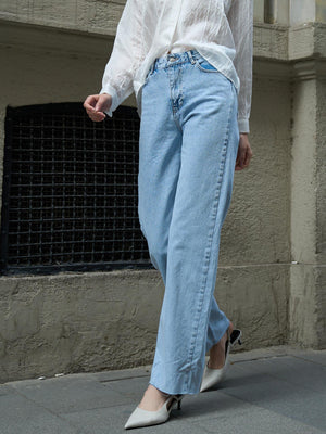 Wide Leg Dikişsiz Paça Jeans Mavi