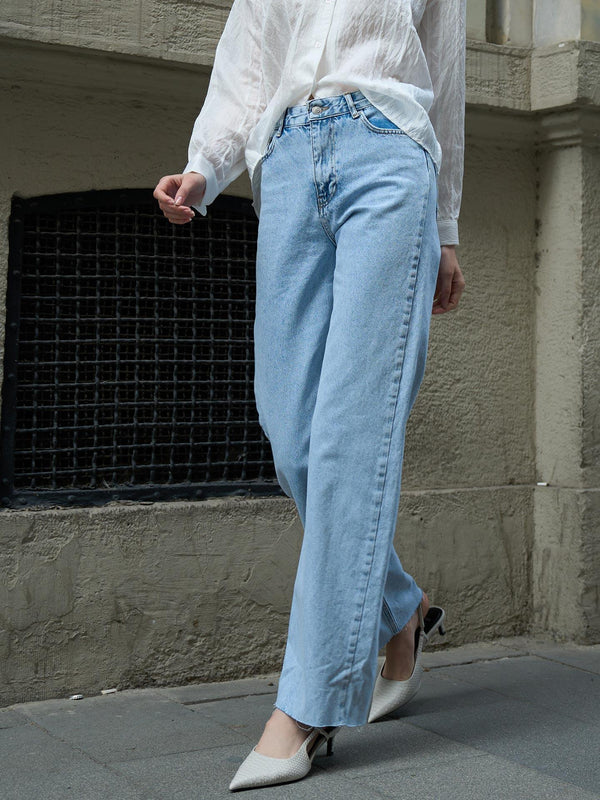 Wide Leg Dikişsiz Paça Jeans Mavi