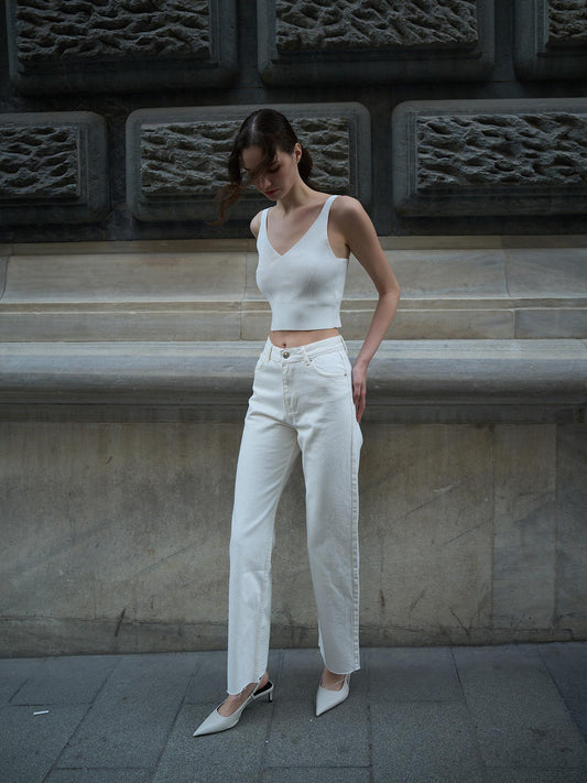 Wide Leg Dikişsiz Paça Jeans Beyaz