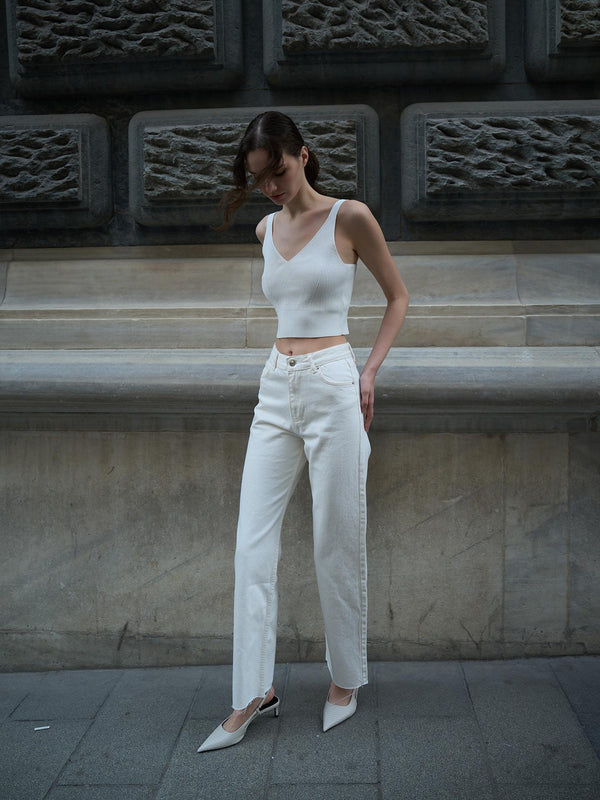 Wide Leg Dikişsiz Paça Jeans Beyaz