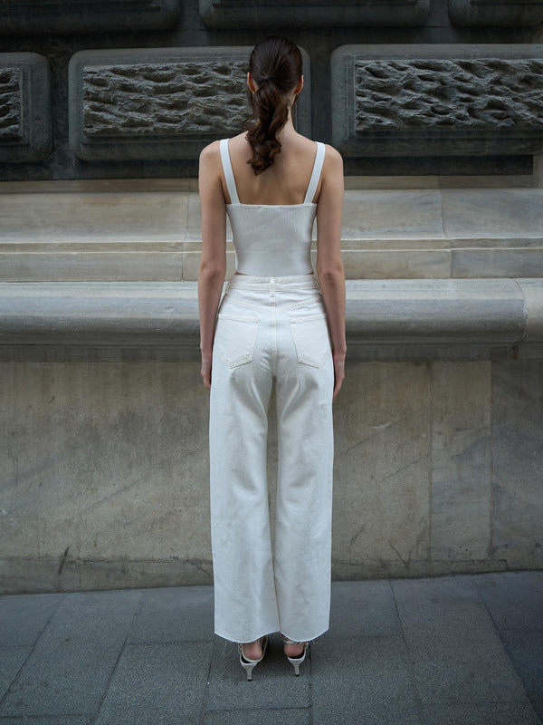 Wide Leg Dikişsiz Paça Jeans Beyaz