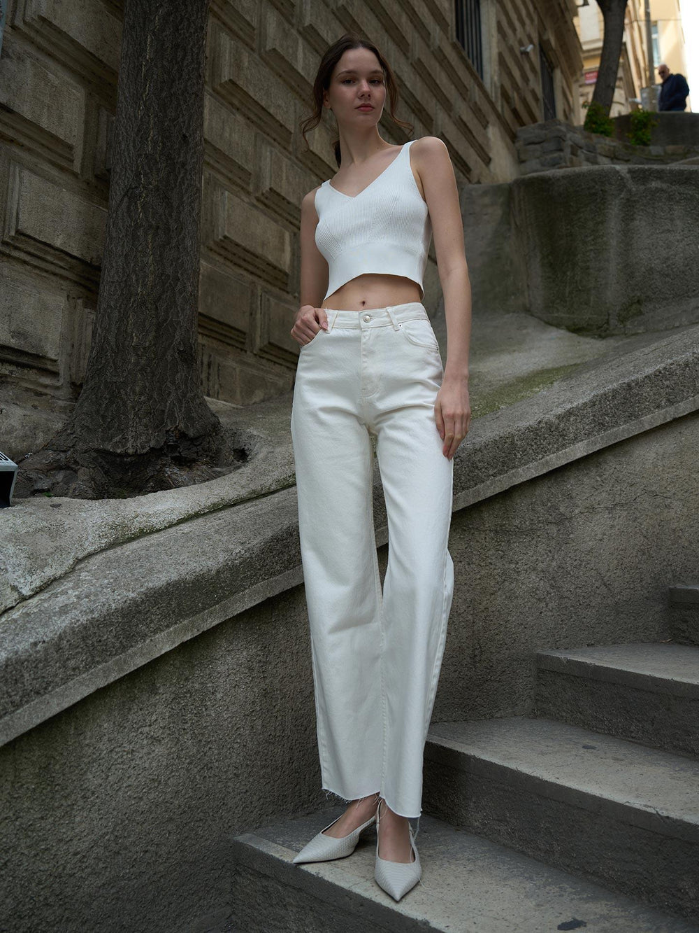 Wide Leg Dikişsiz Paça Jeans Beyaz