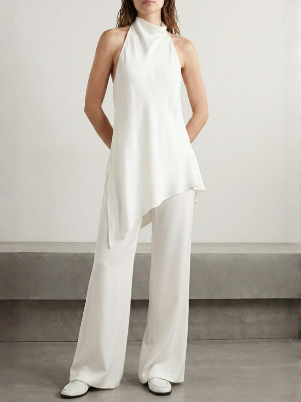 Asimetrik Kesim Halter Yaka Bluz-Pantolon Takım Ekru