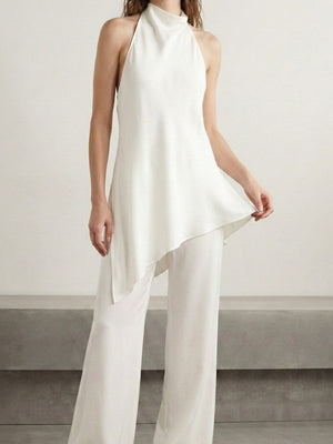 Asimetrik Kesim Halter Yaka Bluz-Pantolon Takım Ekru