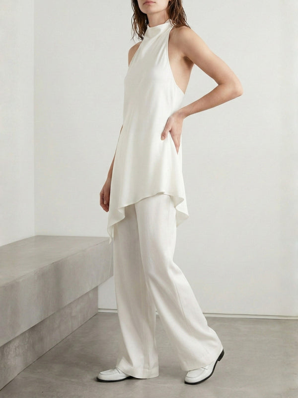 Asimetrik Kesim Halter Yaka Bluz-Pantolon Takım Ekru