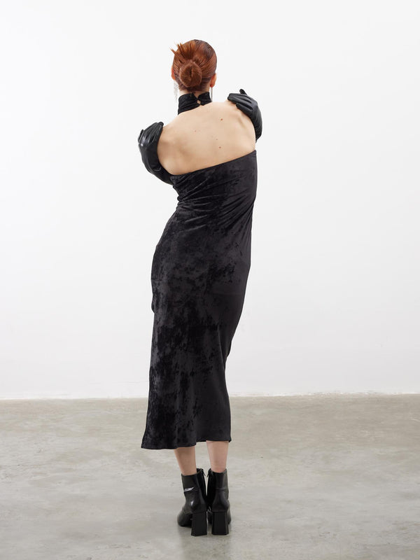 Asimetrik Yaka Kadife Midi Elbise Siyah