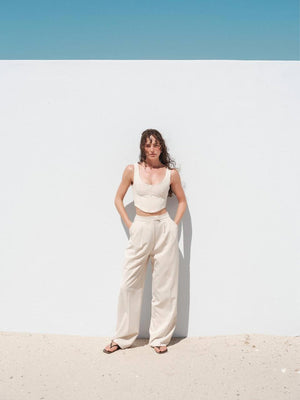 Askılı Crop Palazzo Pantolon Takım Bej