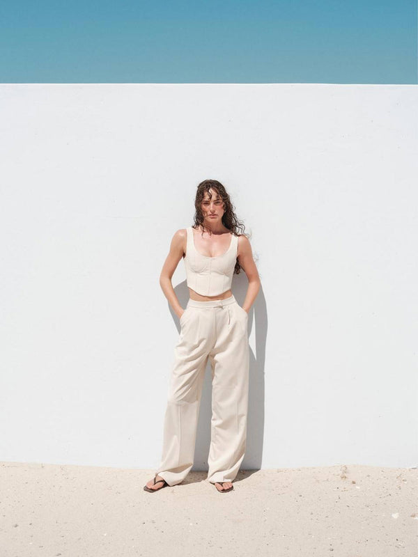 Askılı Crop Palazzo Pantolon Takım Bej