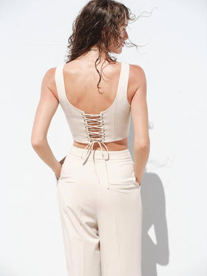 Askılı Crop Palazzo Pantolon Takım Bej